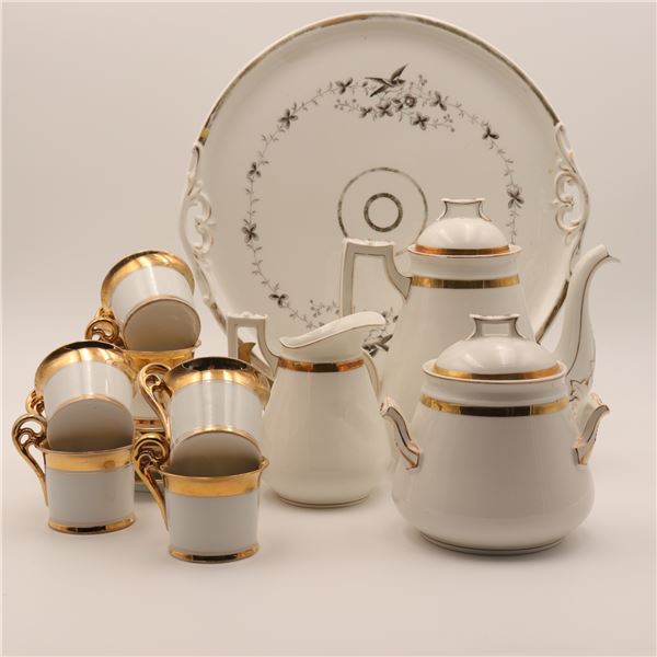 Mid-Century White and Gilt Porcelain Demitasse Coffee Service with Associated Handled Platter, 16 pc