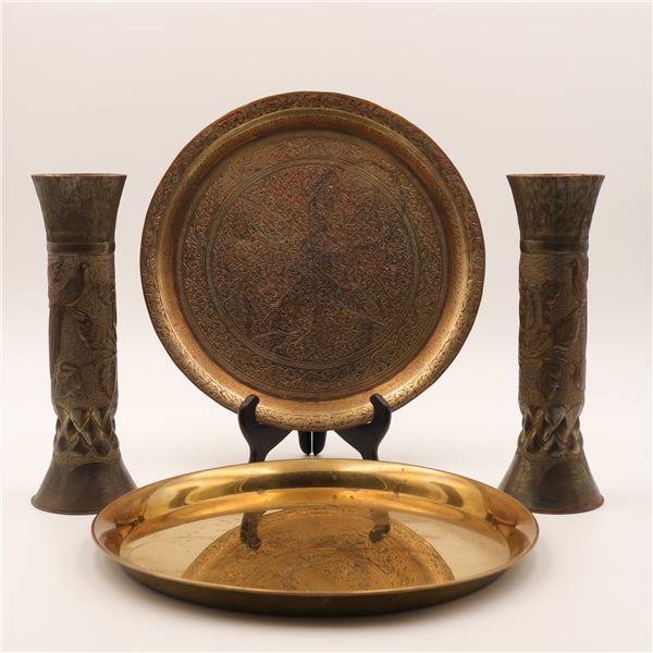 Pair of Indian Repoussé and Chased Vases with Kashmiri-Style Engraved Tray and Brass Tray, 4 pcs