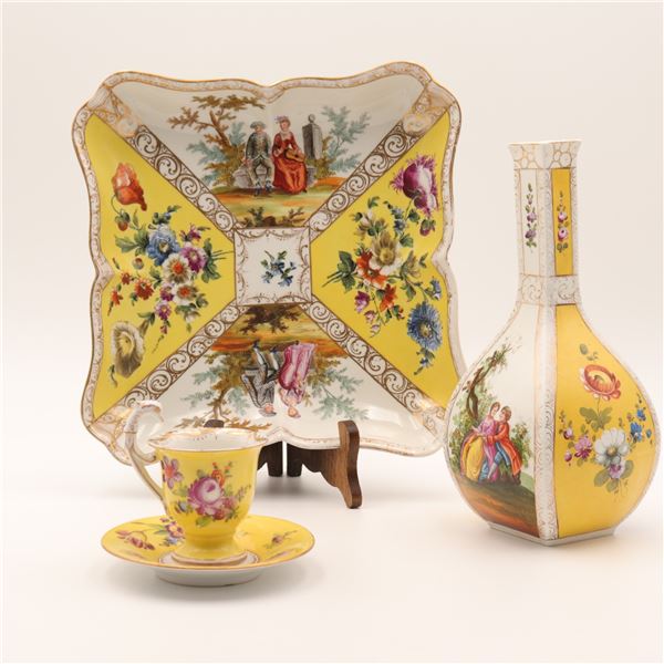 Attributed to Helena Wolfsohn, Dresden, Yellow-Ground Cabinet Porcelain Group, 4 pcs