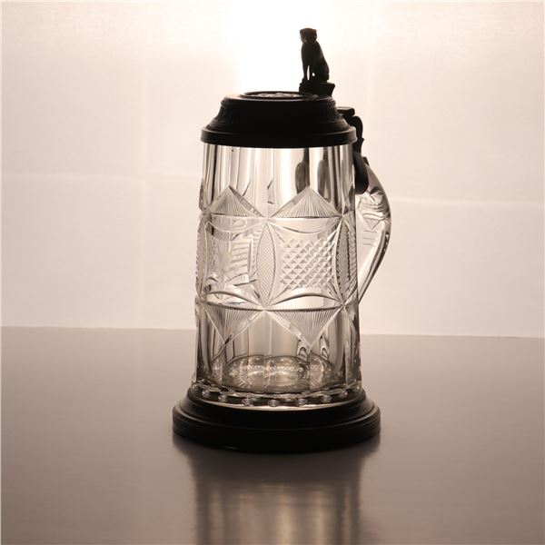 German-Style Cut Crystal & Pewter Lidded Stein with Butchers' Guild Emblem, Engraved "F.W." and Date