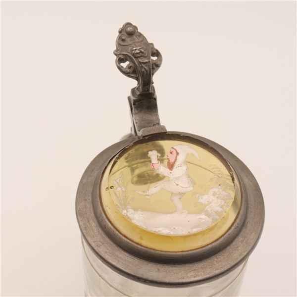 German-Style Pressed Glass & Pewter Lidded Beer Stein with Painted Gnome Lid Insert