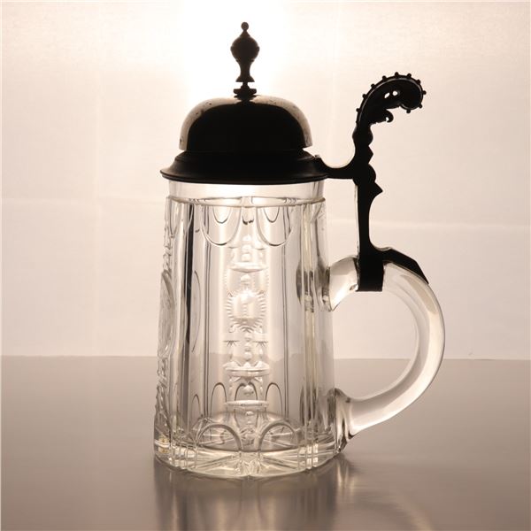 Cut Crystal & Pewter "Bell-Top" Lidded Beer Stein, Script Monogram
