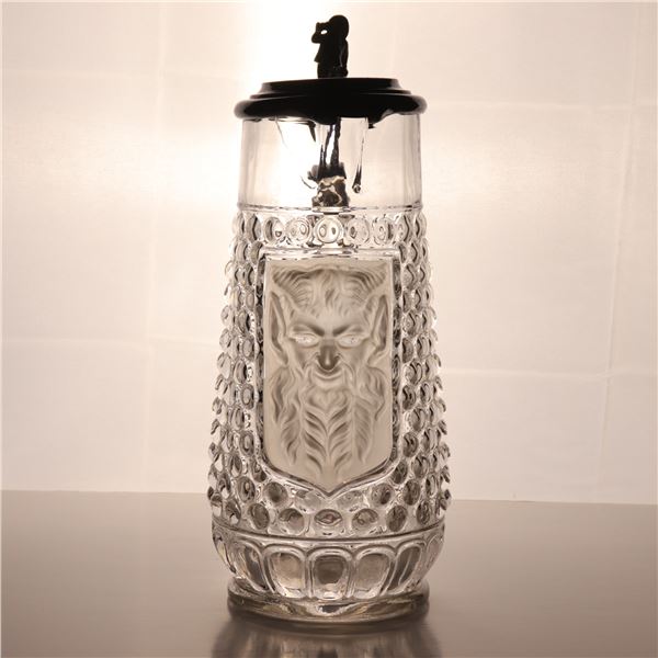 Central European-Style Glass "Stein & Carafe" Lidded Pitcher with Mask Panel and Monogrammed Lid