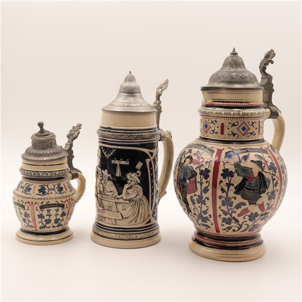 Three German Pewter-Lidded Ceramic Beer Steins