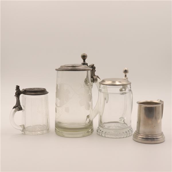 Assorted German and Continental Glass Steins and Pewter Mug, 4 pcs