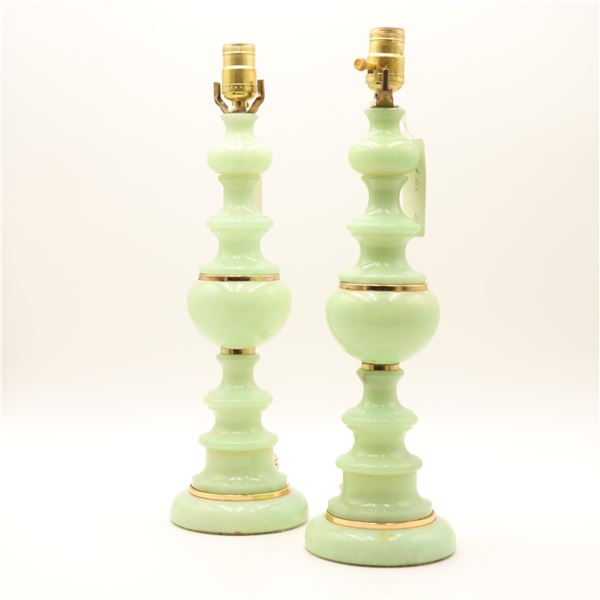 Pair of Pale Green Alabaster Table Lamps with Brass-Plated Mounts, Mid-20th Century