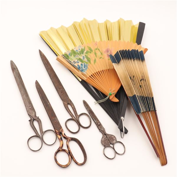 Group of Four Vintage Scissors and Three Folding Fans