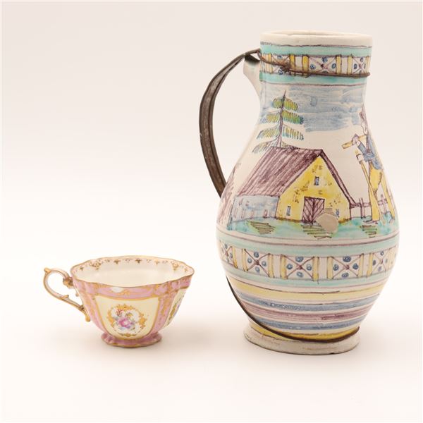 Dresden Porcelain Cabinet Cup, Continental Earthenware Jug, and English Pratt-Type Earthenware Plate