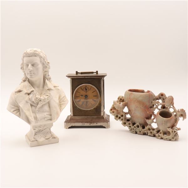 Assembled Decorative Group with Schiller Bust, Mechanical Table Clock, and Chinese Soapstone Carving