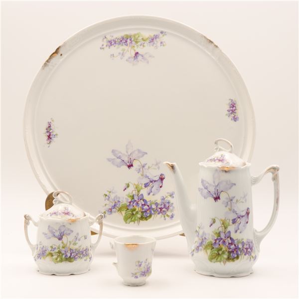 Art Nouveau Style Porcelain Coffee Service with Violet Floral Decoration