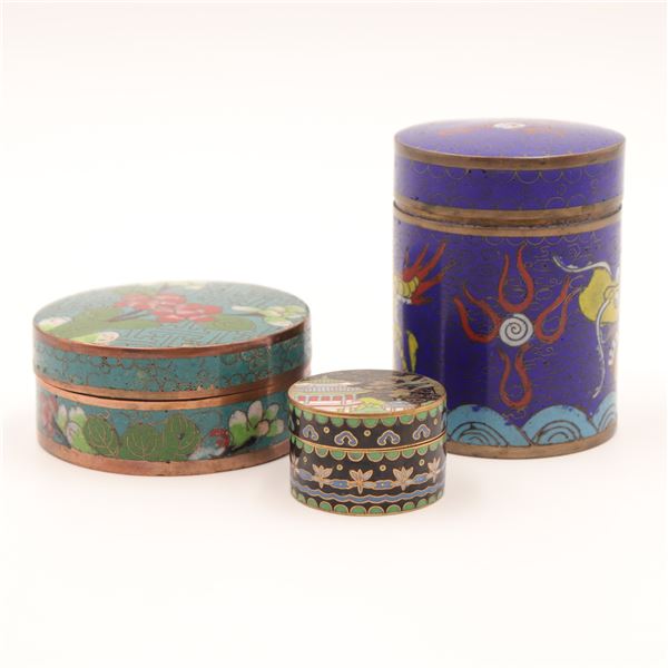 Chinese Cloisonné Group of 7, Egg on Stand, Covered Boxes, Bowls & Covered Salt