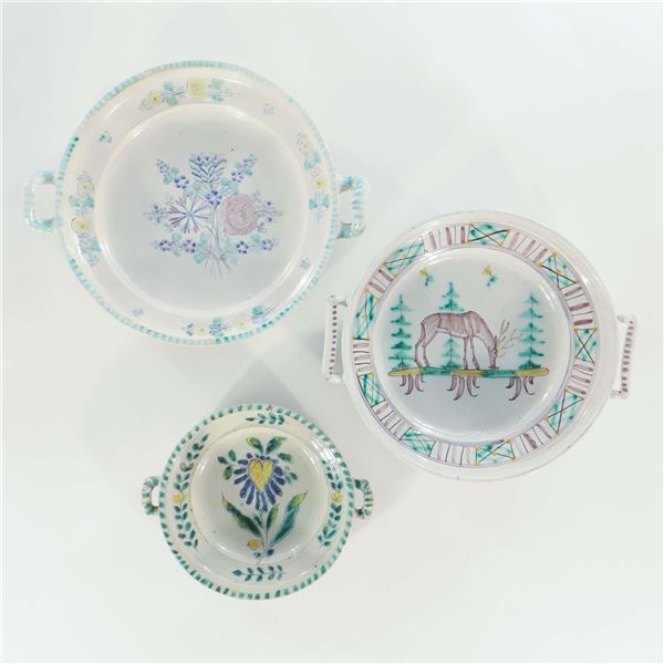 Three Continental Hand-Painted Earthenware Handled Dishes