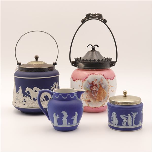 Group of Four Victorian and Jasperware-Style Articles, including Two Biscuit Barrels