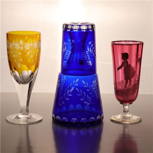 Group of Four Continental Colored Glass Drinking Vessels, Including a Romanian Cobalt Stacking Beake