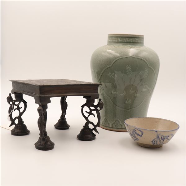 Group of Three Asian Decorative Objects, Signed Korean Celadon Vase, Signed Japanese Bowl, and India