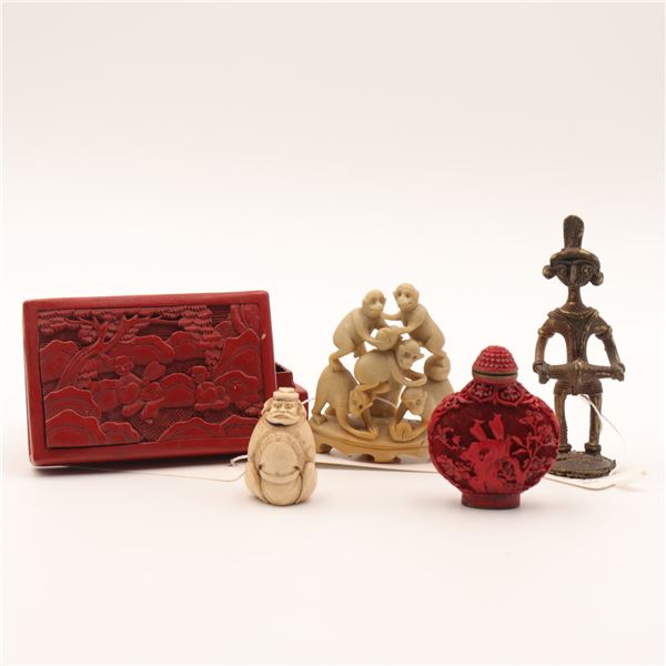 Group of Four Asian Decorative Objects, including Chinese Cinnabar, Soapstone Monkeys, Indian Brass 