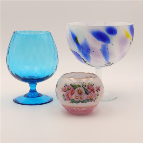 Assorted Decorative Glass Group with Blue Footed Vase, Art Glass Compote, and Floral Rose Bowl, 3 pc