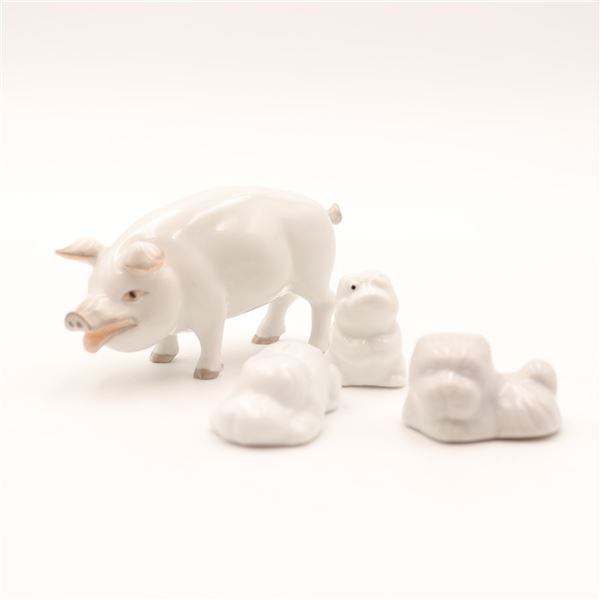 Attributed to Herend Porcelain Pig Figure with Three Associated Puppy Figures