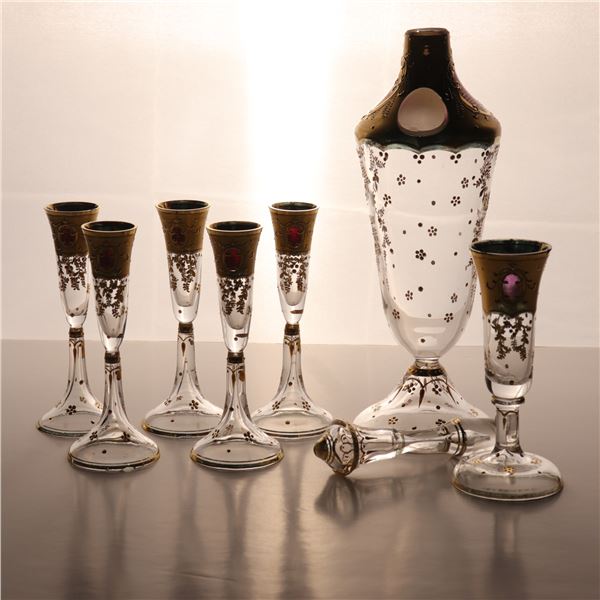 Gilt and Enamelled Glass Decanter with Six Cordial Glasses
