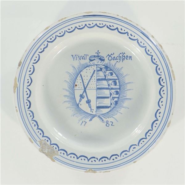 Dated German Blue and White Faience Plate with Saxon Arms, 1782