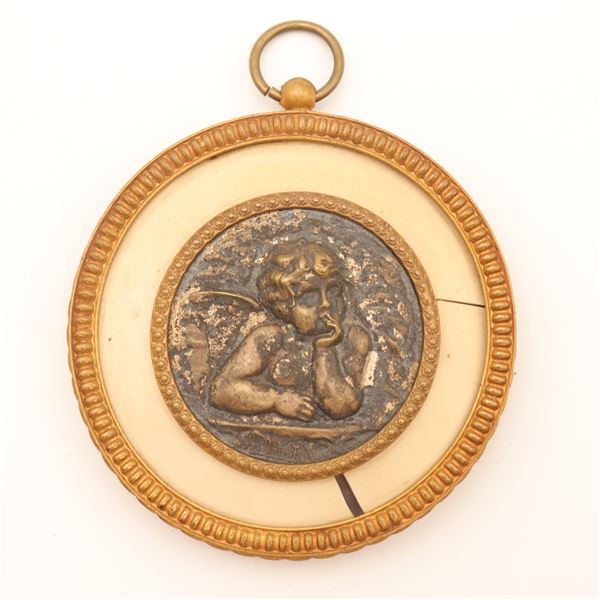 Group of Three Decorative Objects, including Miniature Holy Bibles, Putto Relief Medallion, and Bone