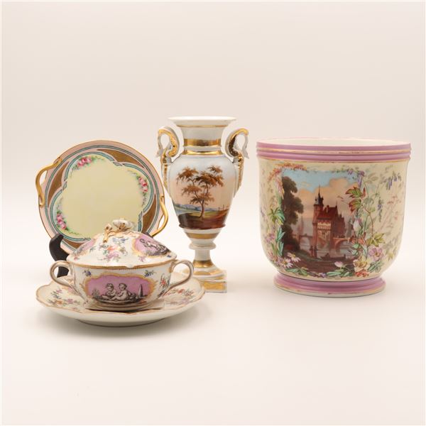 Group of Three Continental Porcelain Articles, Covered Cup and Saucer, Castle Cachepot, and Gilt Lan