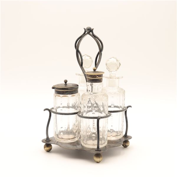 Sheffield Silver-Plated Cruet Set with Cut-Glass Bottles, Art Nouveau, c. 1900–1915