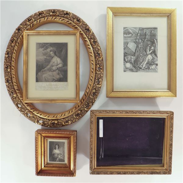 Group of Four Decorative Frames and Prints, including Anne Damer Engraving and Dürer Melencolia I Fa