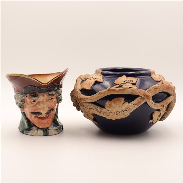 Studio Pottery Cobalt Grapevine Jardinière and Royal Doulton “Dick Turpin” Charact