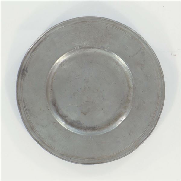 Antique Pewter Plate with Engraved Rim Detail