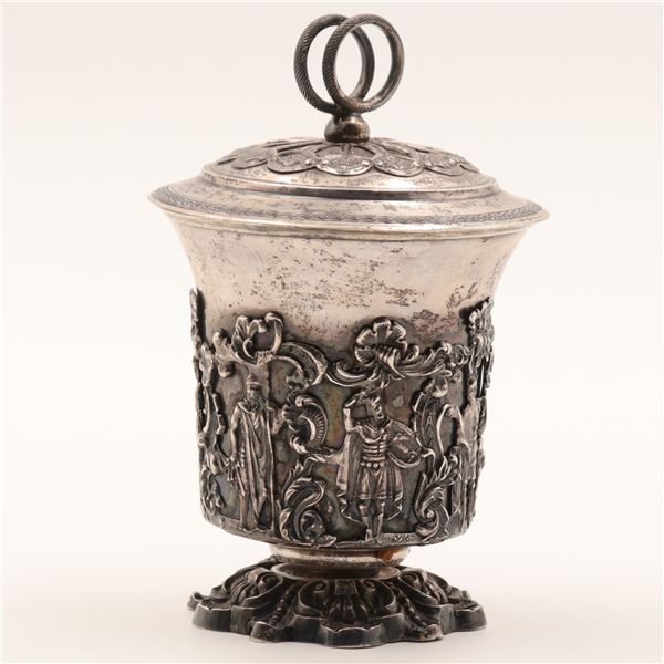 Russian 84 Silver Vermeil-Lined Lidded Vessel with Figural Relief, 229.32 g