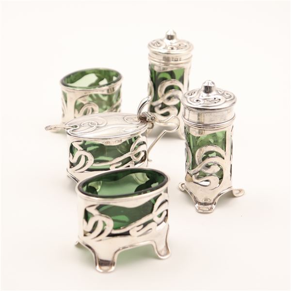 Levi & Salaman Art Nouveau Sterling-Mounted Green Glass Cruet Set, Birmingham 1909–1910
