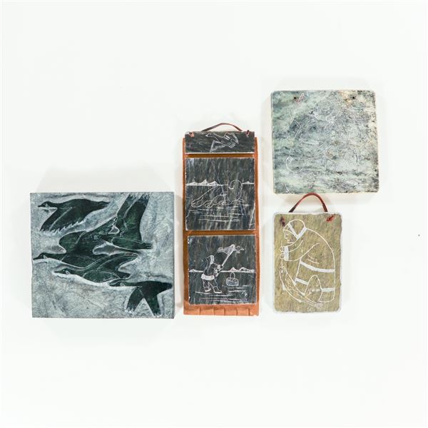 Assembled Group of Canadian Soapstone Wall Plaques with Arctic Subjects, Including One Signed DIMU