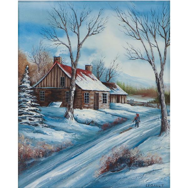 Signed Legault, Winter Homestead Landscape, Paint on Canvas
