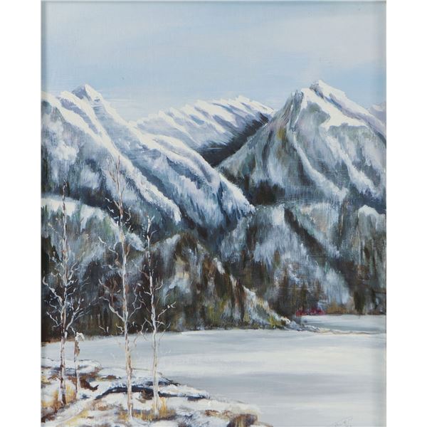Signed Jewell ’83, Untitled (Snowy Rocky Mountain Lake), Paint on Canvas