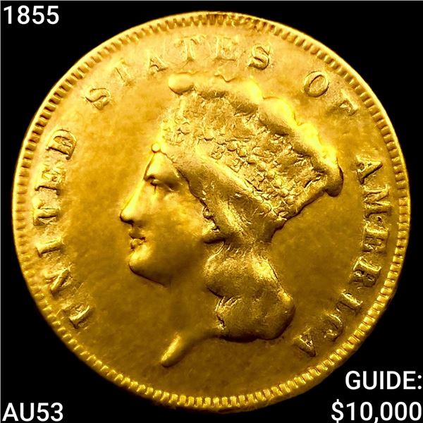 1855 $3 Gold Piece CLOSELY UNCIRCULATED