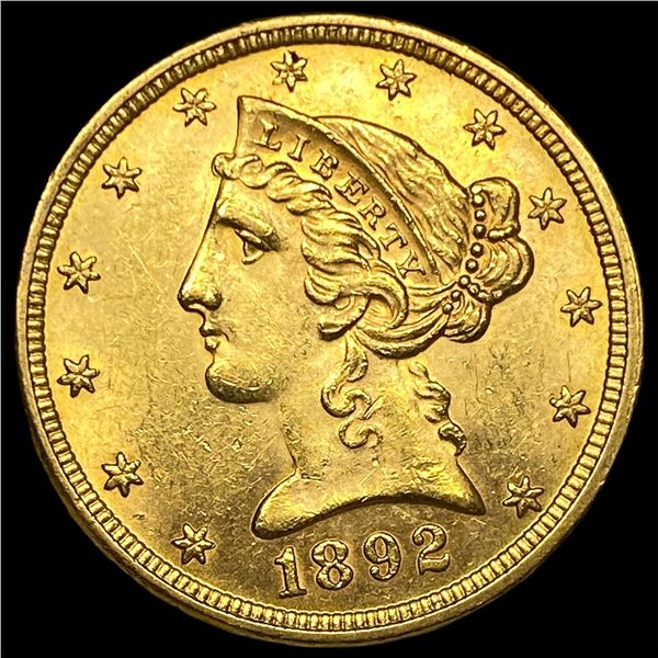 1892 Liberty Head Gold $5 Half Eagle UNCIRCULATED