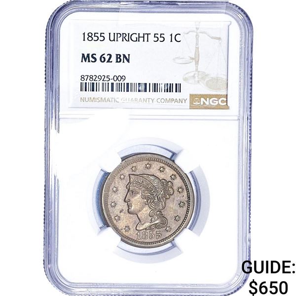 1855 Braided Hair Large Cent NGC MS62 BN