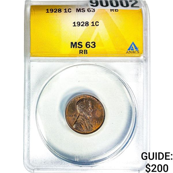 1928 Wheat Cent ANACS MS63 RB