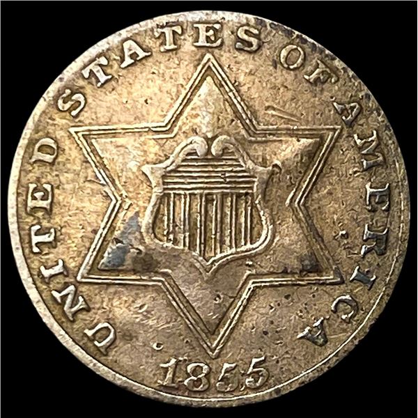 1855 Silver Three-Cent Piece NEARLY  UNCIRCULATED