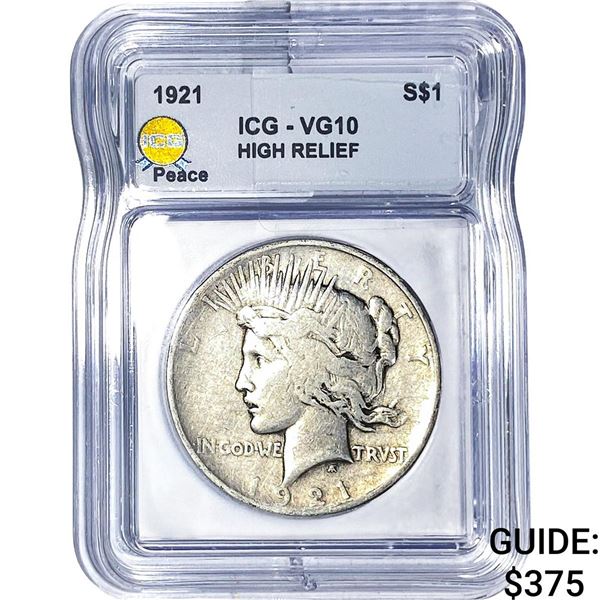 1921 Silver Peace Dollar ICG VG10