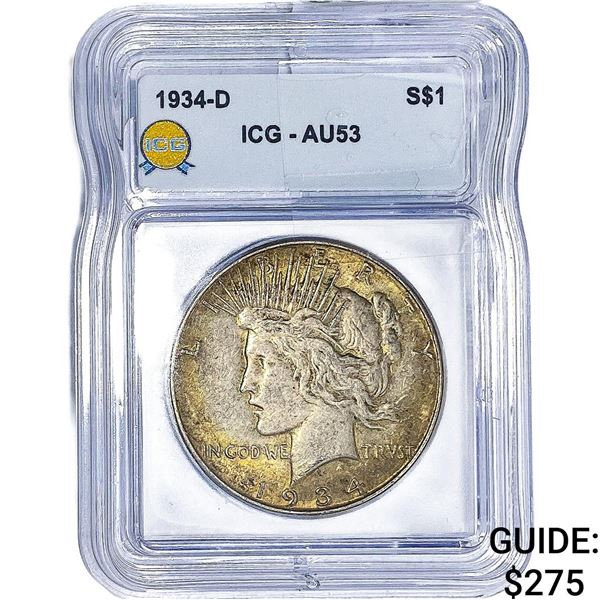 1934-D Silver Peace Dollar ICG AU53