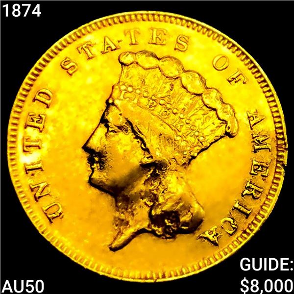 1874 $3 Gold Piece CLOSELY UNCIRCULATED