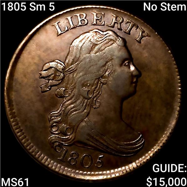 1805 Sm 5 No Stem Draped Bust Half Cent UNCIRCULATED