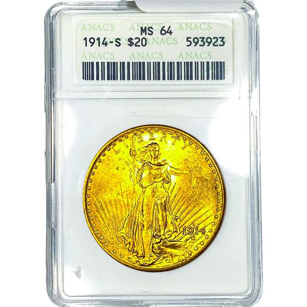 1914-S $20 Gold Double Eagle ANACS MS64