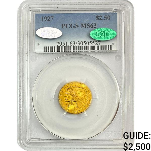 1927 CAC $2.50 Gold Quarter Eagle PCGS MS63
