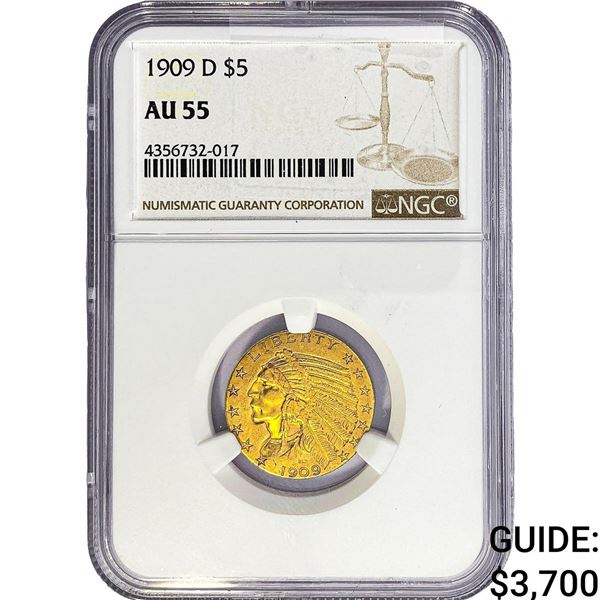 1909-D $5 Gold Half Eagle NGC AU55