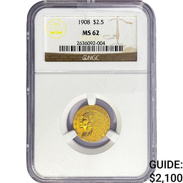 1908 $2.50 Gold Quarter Eagle NGC MS62
