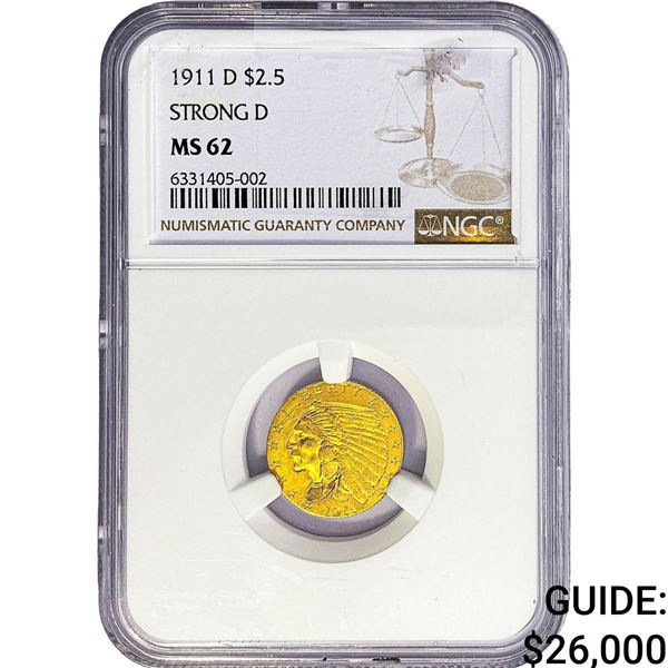 1911-D $2.50 Gold Quarter Eagle NGC MS62 Strong D