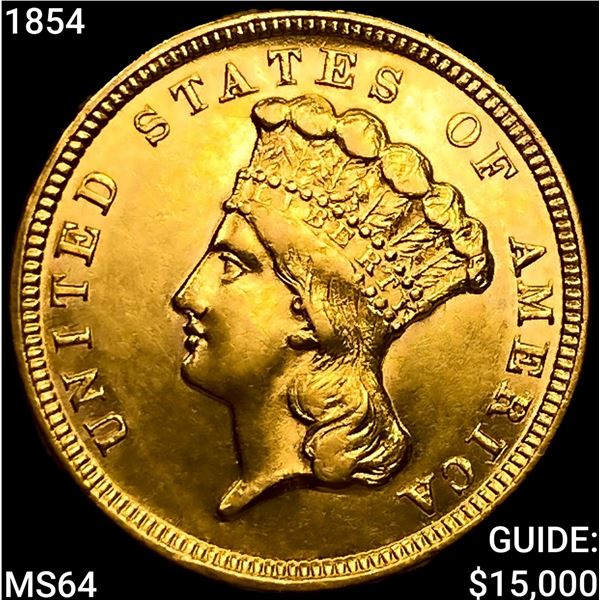 1854 $3 Gold Piece CHOICE BU